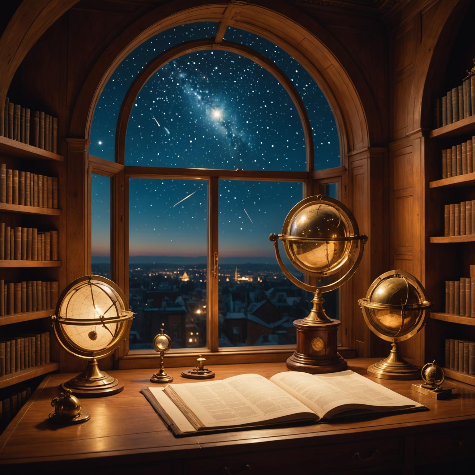 Astronomical instruments and celestial charts in a scholarly study